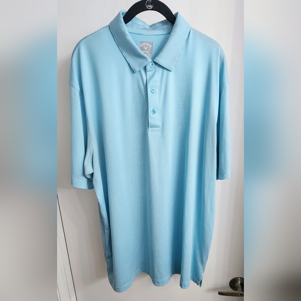 Callaway Mens Opti-Dri Pin Striped Golf 3 Button Polo XL Aqua Blue NMC